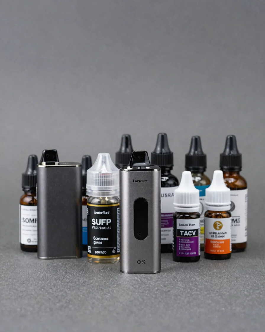 Product photography of a neatly arranged vape device and e-liquid